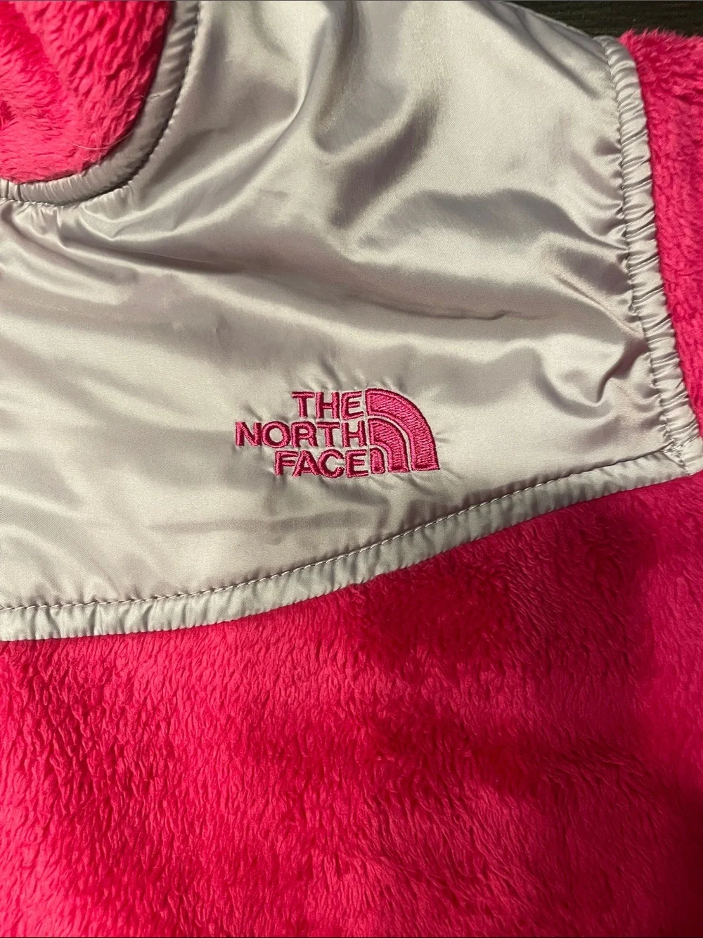 The North Face Bright Pink Hooded Fleece Jacket with Silver Yoke